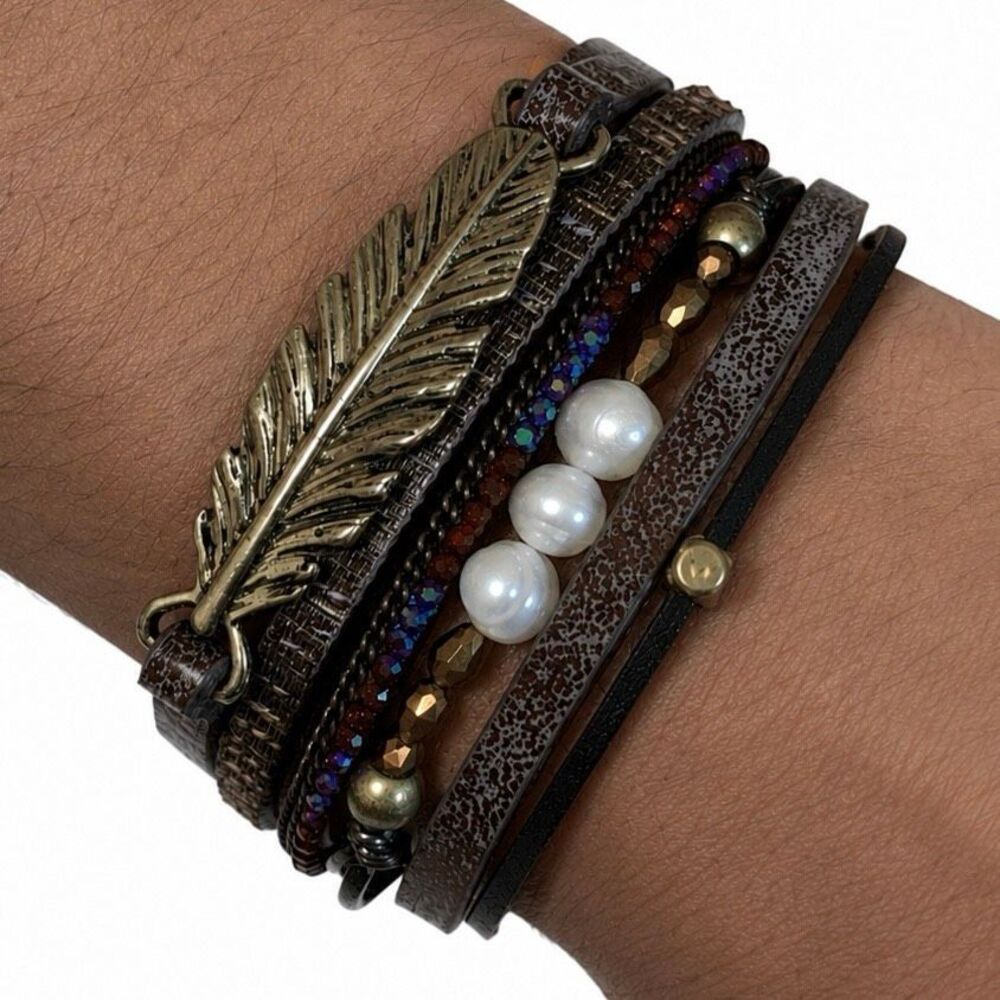 Men’s Seascape Saddle Brown PU Leather Boho Cuff Bracelet, Real Pearls